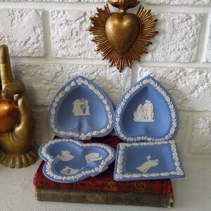 4 Vintage Diamond, heart, clover and spade shaped Wedgwood Blue Jasperware Trink